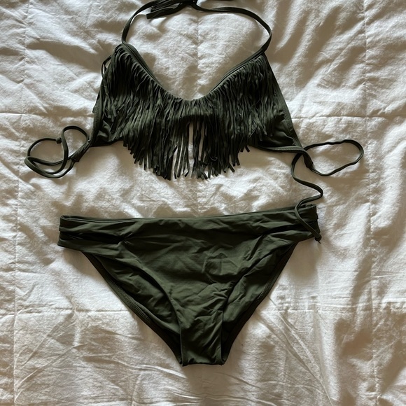 L*Space Audrey Fringe Halter Bikini Top in Fern Green - Large - Picture 2 of 4